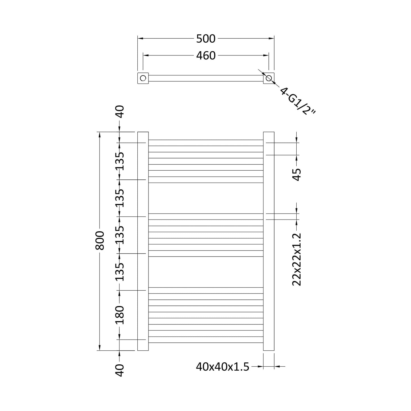 [BHSL108] Balterley Contemporary Heated Vertical Towel Ladder Rail with Square Rails, 782 BTU, 800mm x 500mm Bathroom Radiator - Chrome - Technical Drawing