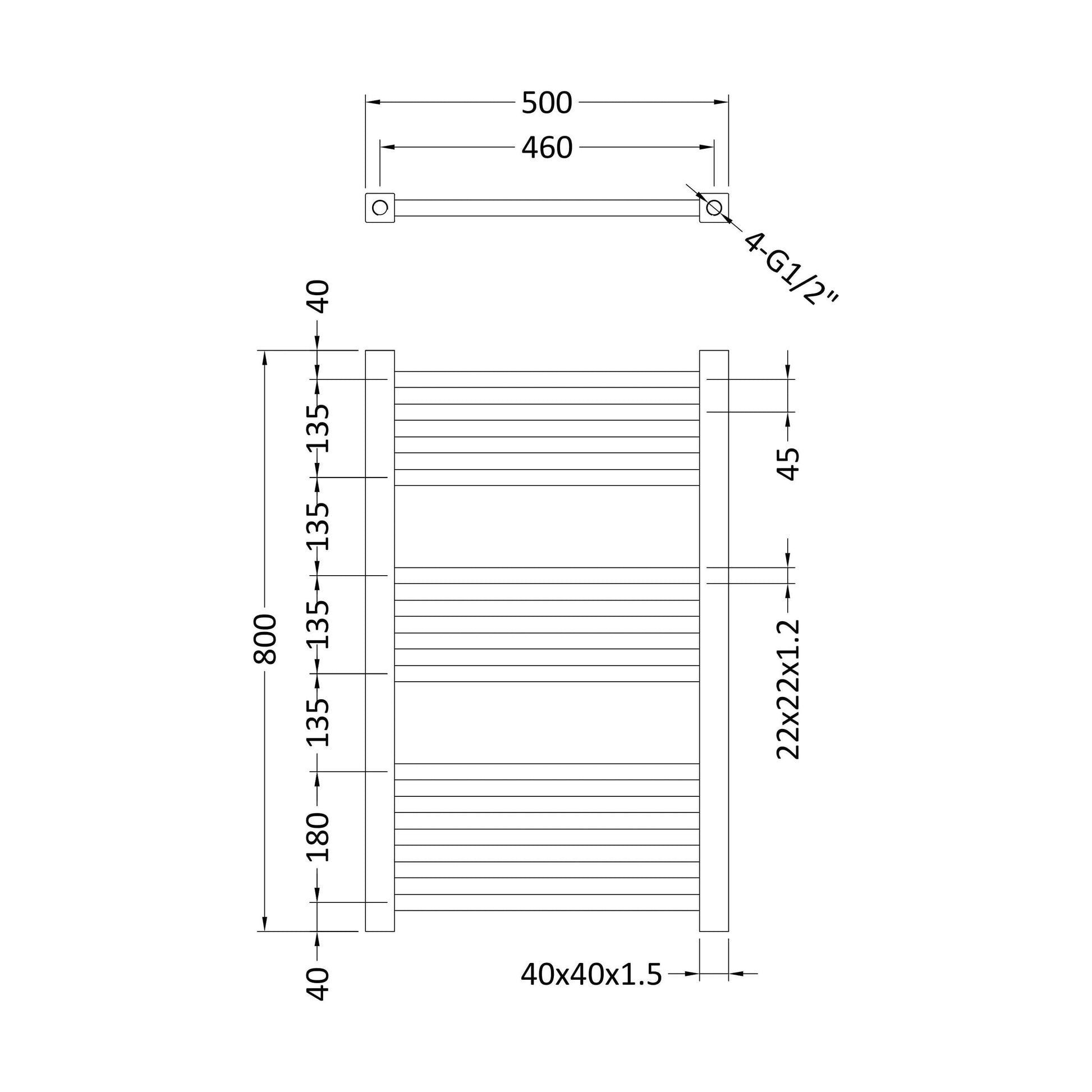 [BHSL108] Balterley Contemporary Heated Vertical Towel Ladder Rail with Square Rails, 782 BTU, 800mm x 500mm Bathroom Radiator - Chrome - Technical Drawing