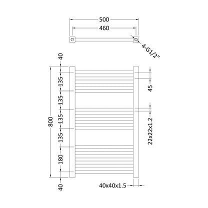 [BHSL108] Balterley Contemporary Heated Vertical Towel Ladder Rail with Square Rails, 782 BTU, 800mm x 500mm Bathroom Radiator - Chrome - Technical Drawing
