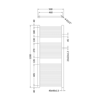 [BHSL109] Balterley Contemporary Heated Vertical Towel Ladder Rail with Square Rails, 1167 BTU, 1200mm x 500mm Bathroom Radiator - Chrome - Technical Drawing