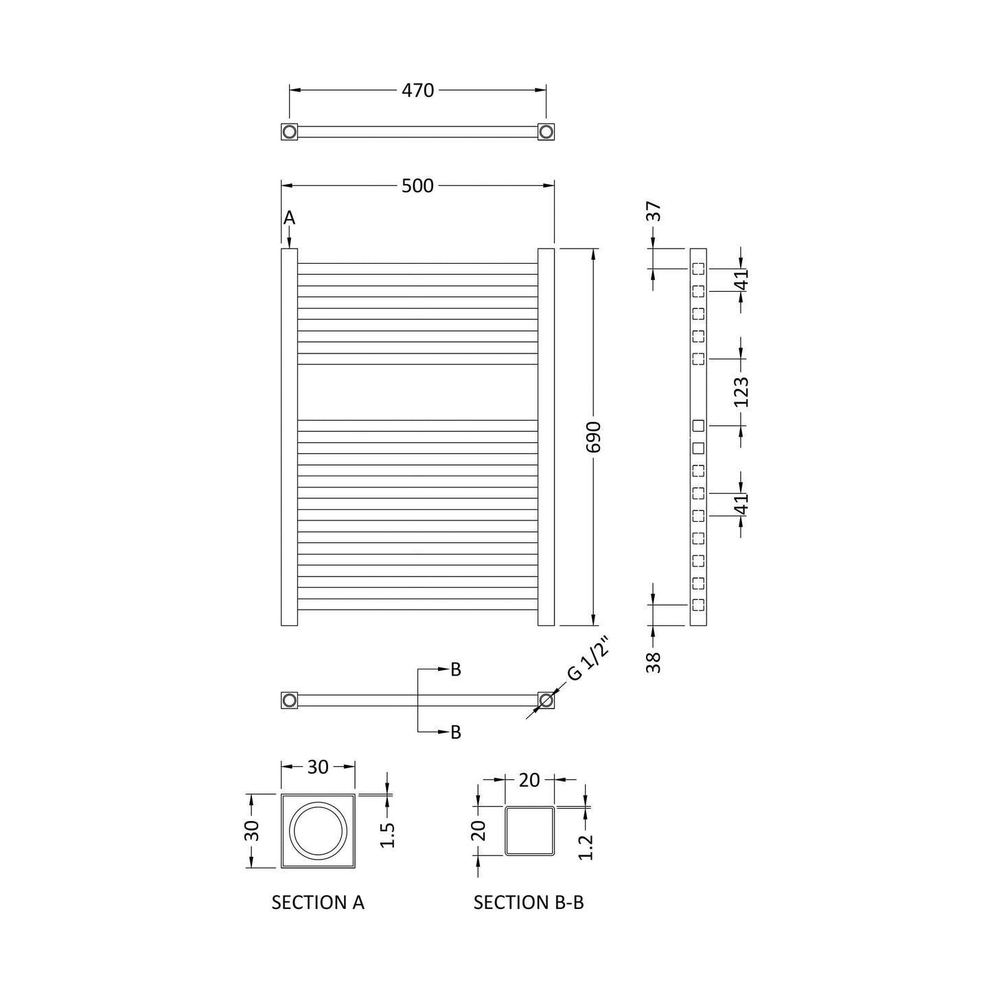 [BHSL150] Electric Vertical Square Towel Rail with 14 Rails - 690mm x 500mm - 200 Watt - Chrome - Technical Drawing