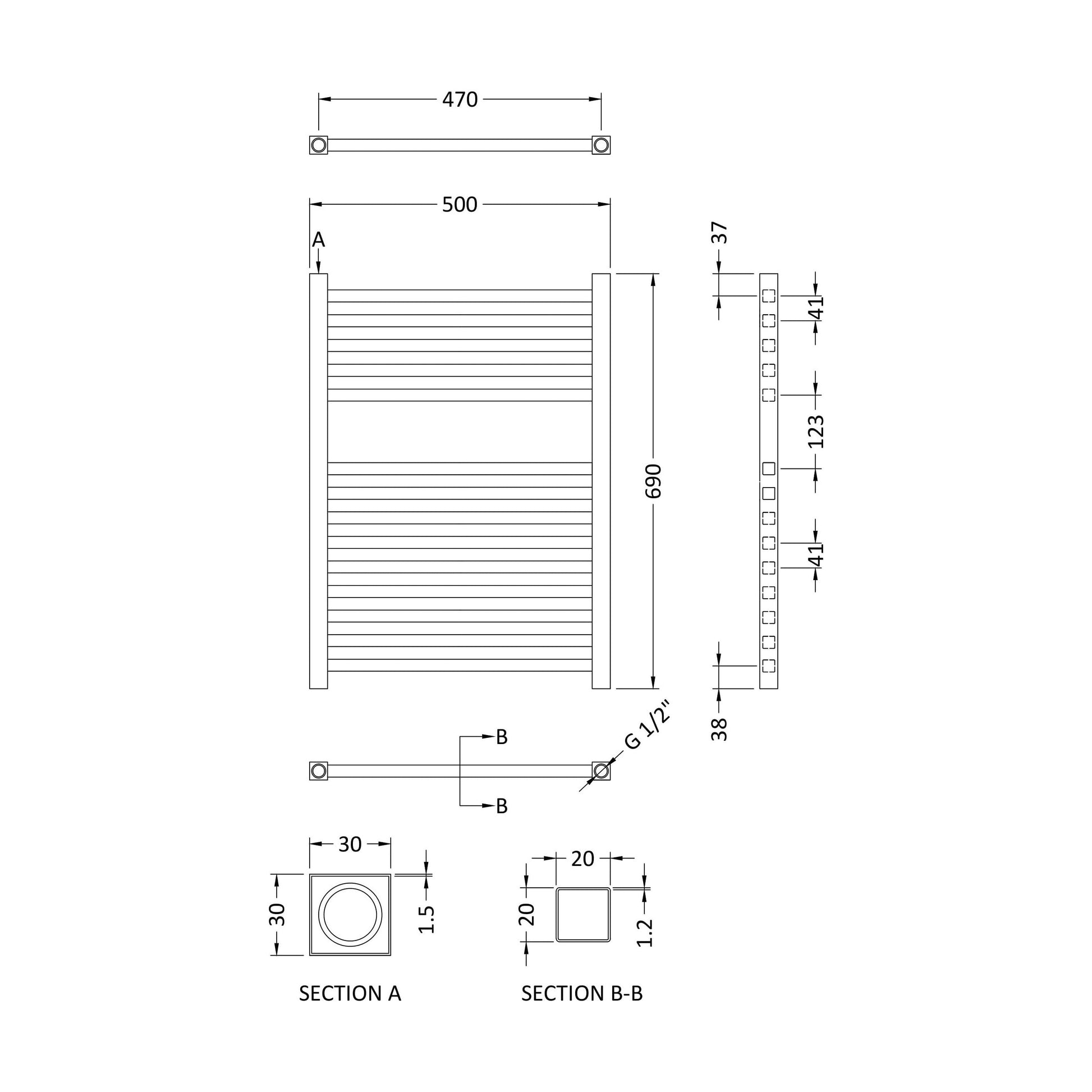 [BHSL150] Electric Vertical Square Towel Rail with 14 Rails - 690mm x 500mm - 200 Watt - Chrome - Technical Drawing