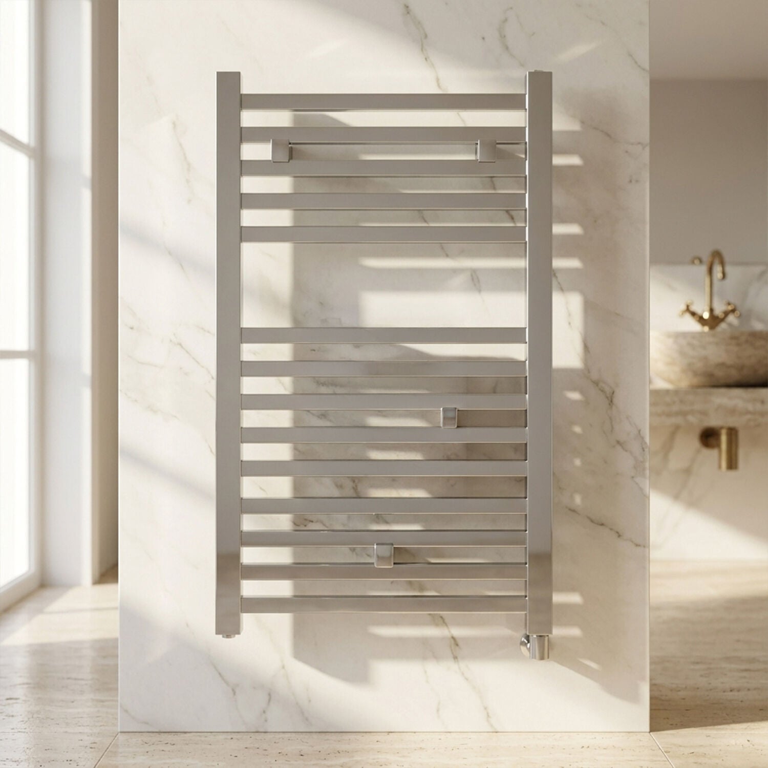 [BHSL150] Sugnall Electric Vertical Square Towel Rail with 14 Rails - 690mm x 500mm - 200 Watt - Chrome - Silo
