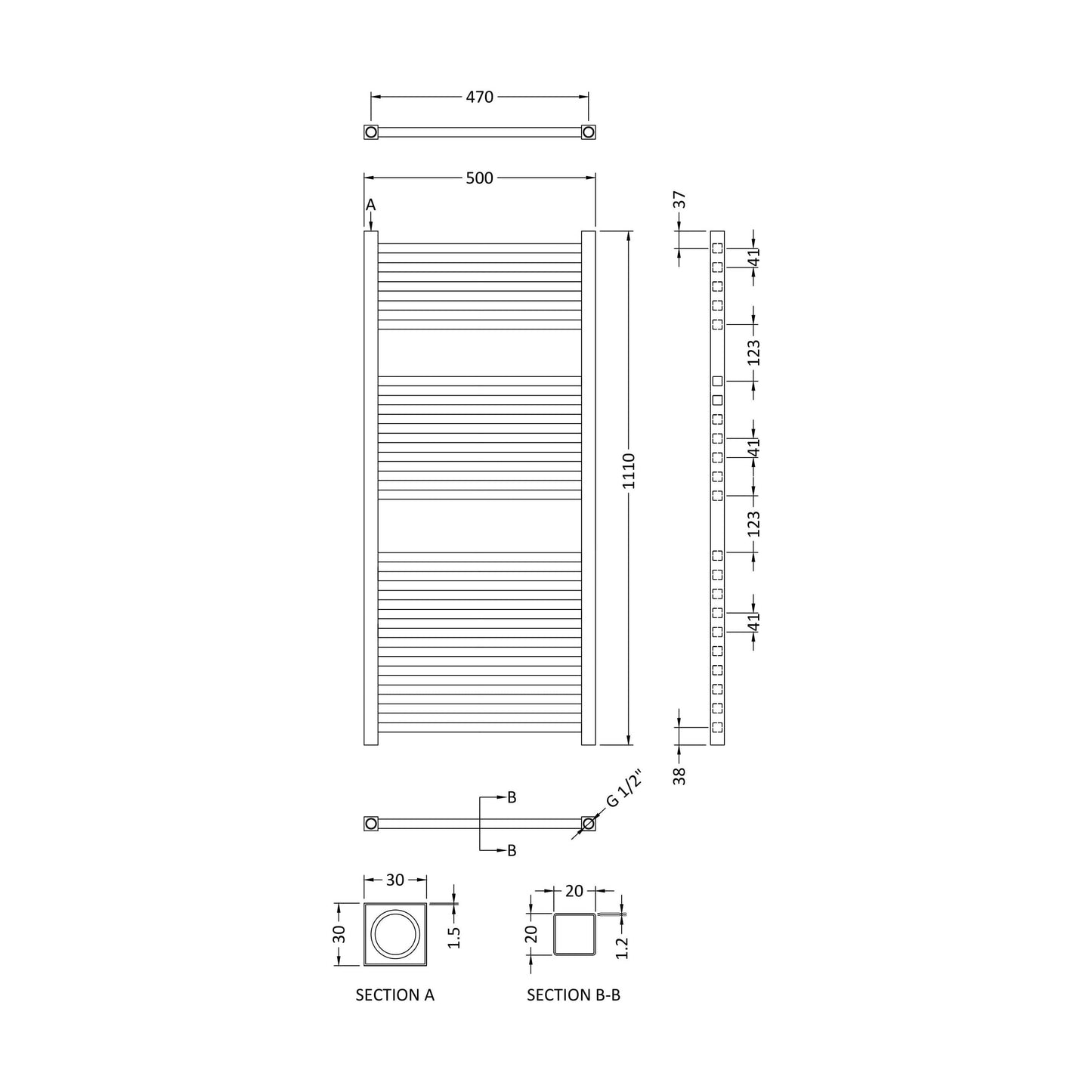 [BHSL151] Electric Vertical Square Towel Rail with 22 Rails - 1110mm x 500mm - 300 Watt - Chrome - Technical Drawing