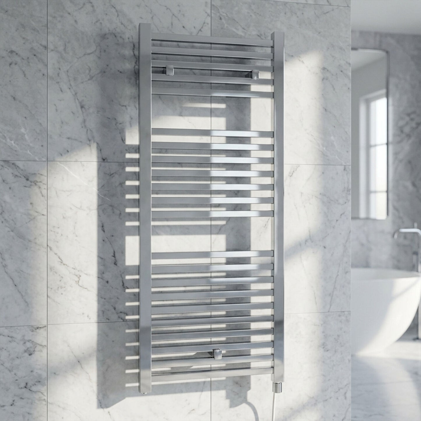 [BHSL151] Sugnall Electric Vertical Square Towel Rail with 22 Rails - 1110mm x 500mm - 300 Watt - Chrome - Silo