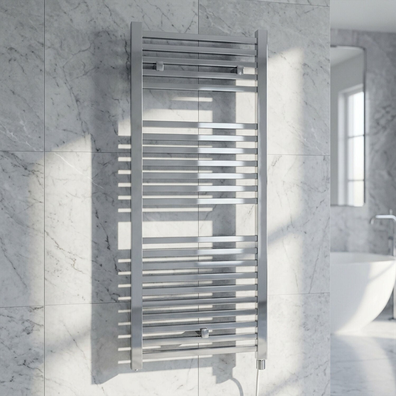 [BHSL151] Sugnall Electric Vertical Square Towel Rail with 22 Rails - 1110mm x 500mm - 300 Watt - Chrome - Silo