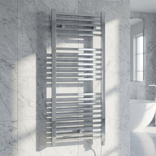 [BHSL151] Sugnall Electric Vertical Square Towel Rail with 22 Rails - 1110mm x 500mm - 300 Watt - Chrome - Silo