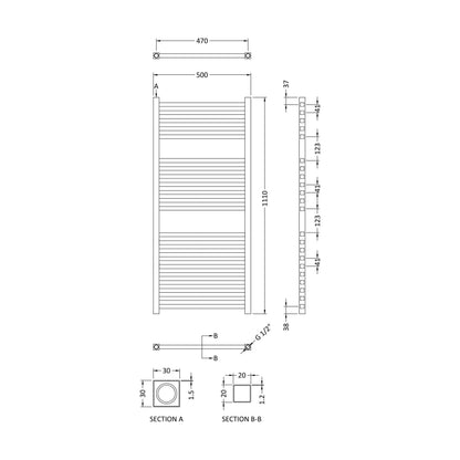 [BHSL153] Electric Vertical Square Towel Rail with 22 Rails - 1110mm x 500mm - 500 Watt - Anthracite - Technical Drawing