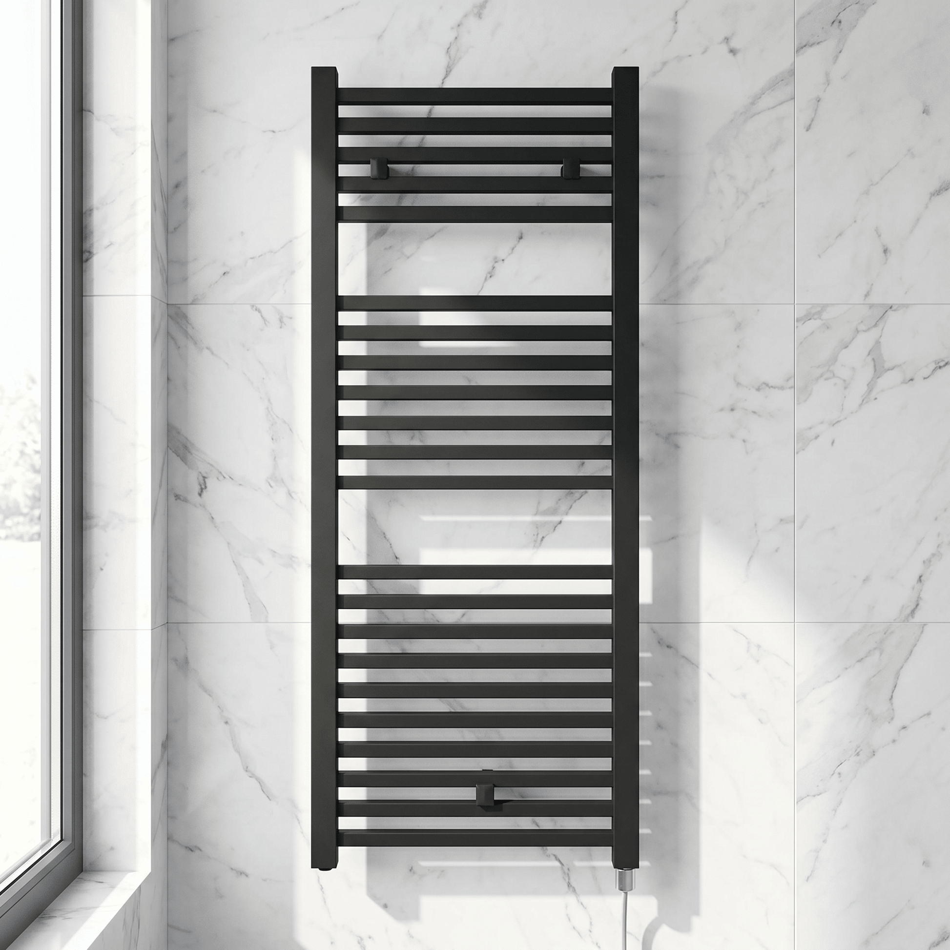 [BHSL153] Sugnall Electric Vertical Square Towel Rail with 22 Rails - 1110mm x 500mm - 500 Watt - Anthracite - Silo