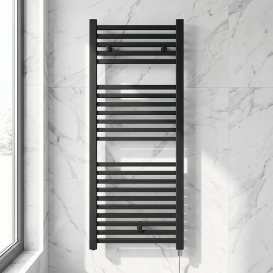 [BHSL153] Sugnall Electric Vertical Square Towel Rail with 22 Rails - 1110mm x 500mm - 500 Watt - Anthracite - Silo