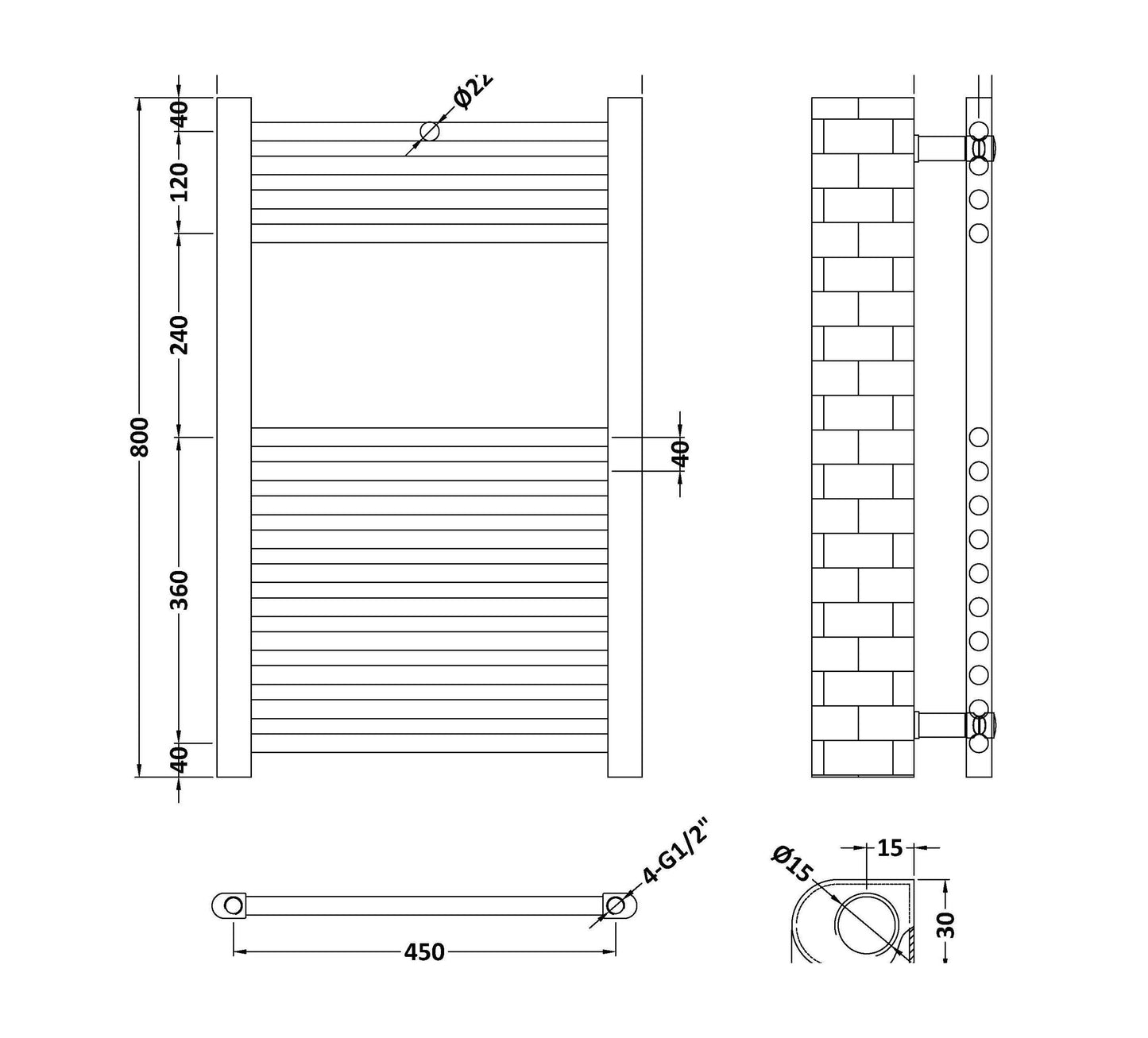[BHSL35080] Round Straight Towel Radiator 800x500 - Technical Drawing