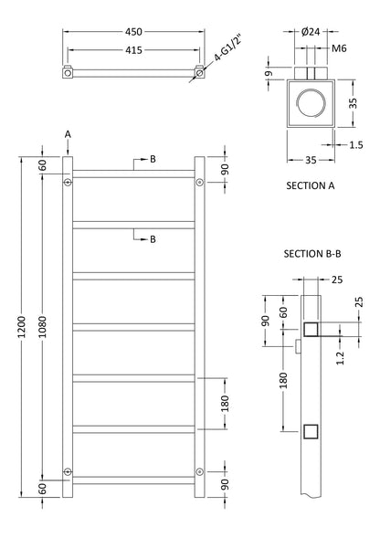 [BHSL375] Contemporary Wall Mounted Heated Towel Rail with Square Rails, Choice of Size - Line Drawing