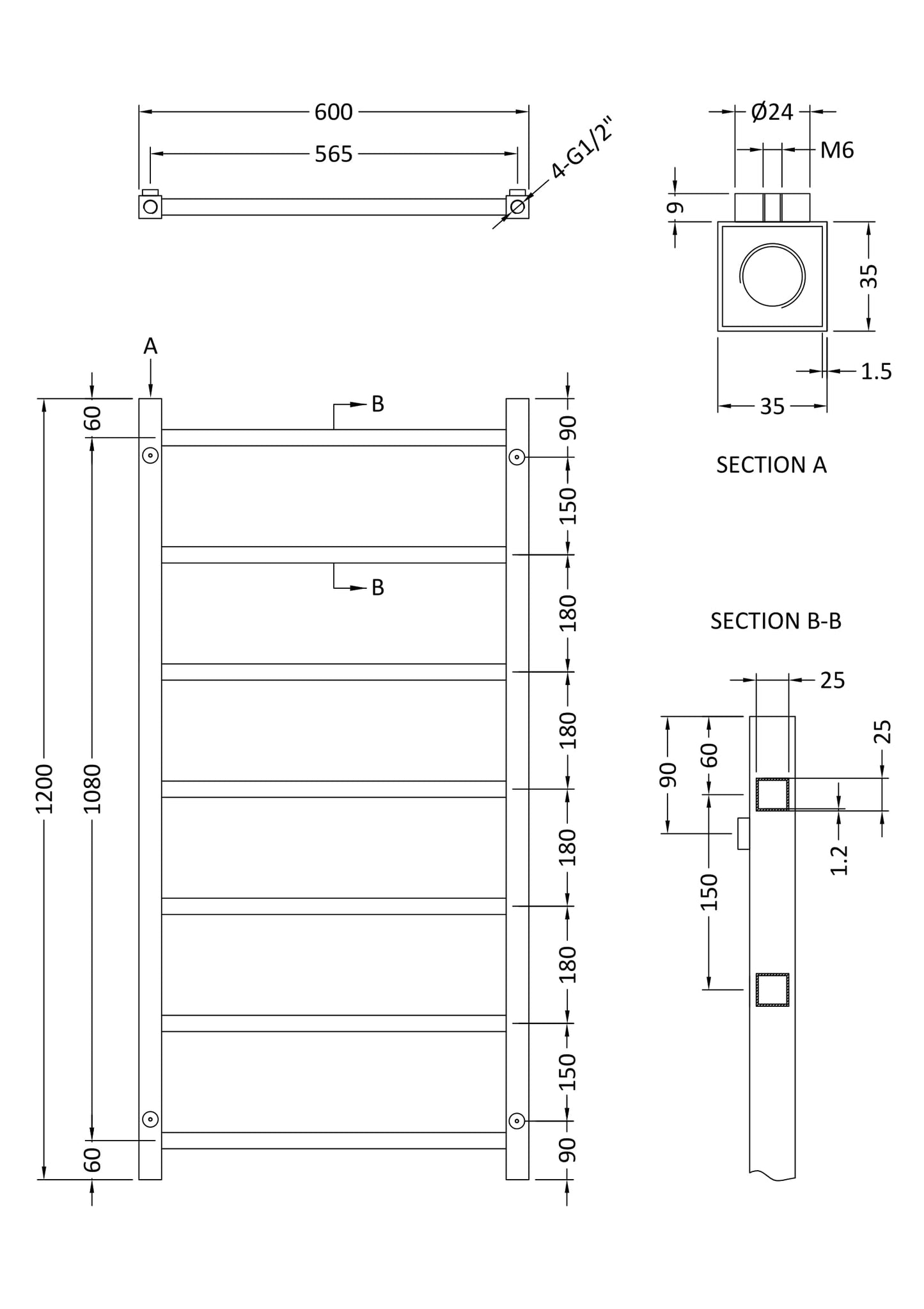 [BHSL376] Contemporary Wall Mounted Heated Towel Rail with Square Rails, Choice of Size - Line Drawing