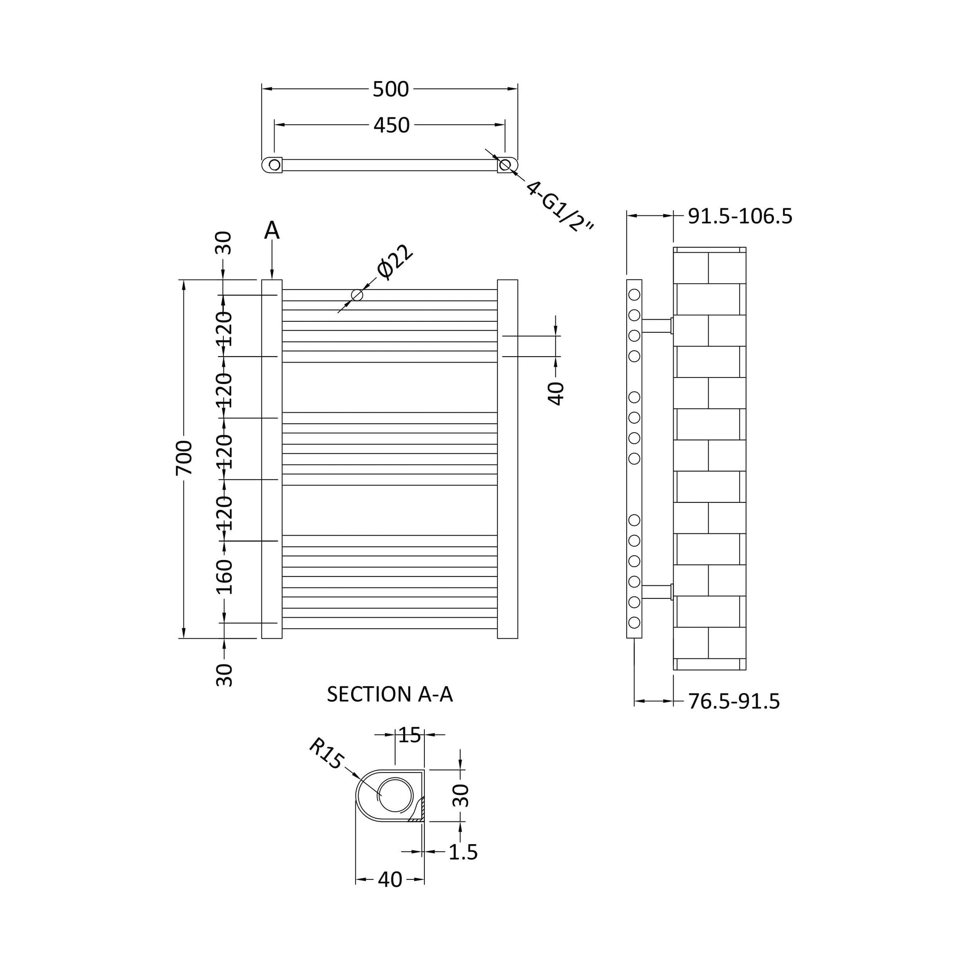 [BHSL381] Heated Vertical Towel Rail with Straight Rails - 679 BTU - 700mm x 500mm - Chrome - Technical Drawing