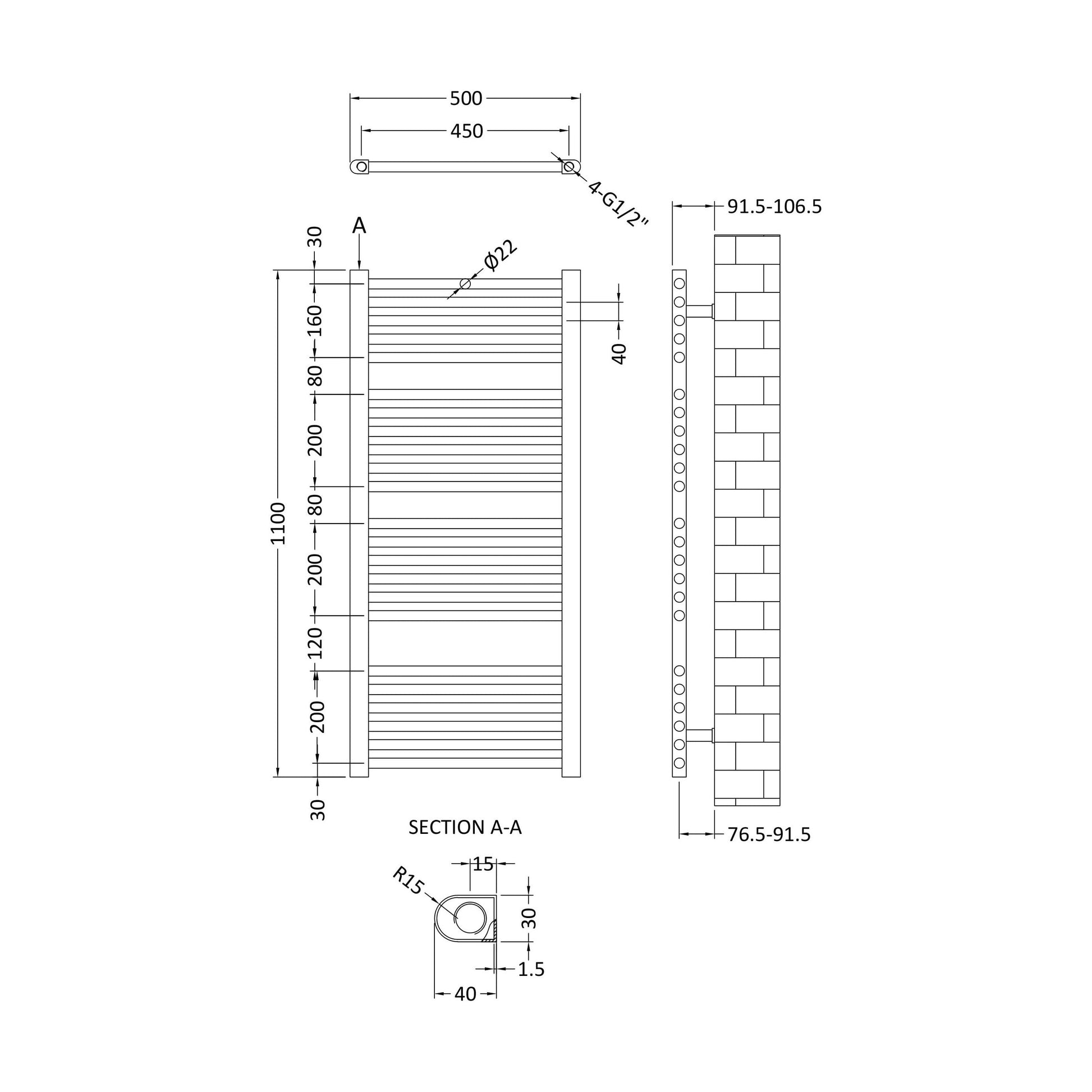 [BHSL382] Heated Vertical Towel Rail with Straight Rails - 1096 BTU - 1100mm x 500mm - Chrome - Technical Drawing