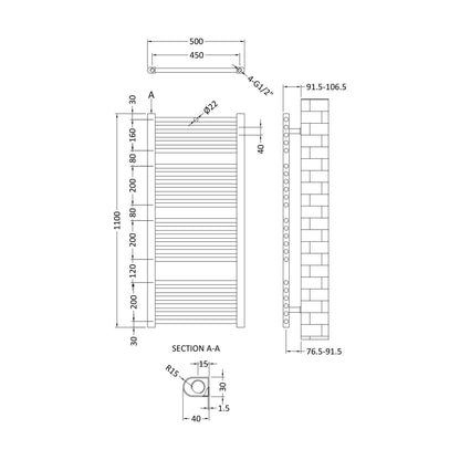 [BHSL382] Heated Vertical Towel Rail with Straight Rails - 1096 BTU - 1100mm x 500mm - Chrome - Technical Drawing