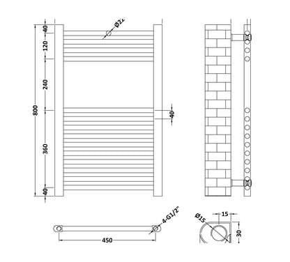 [BHSL45080] Round Straight Towel Radiator 800x500 - Technical Drawing