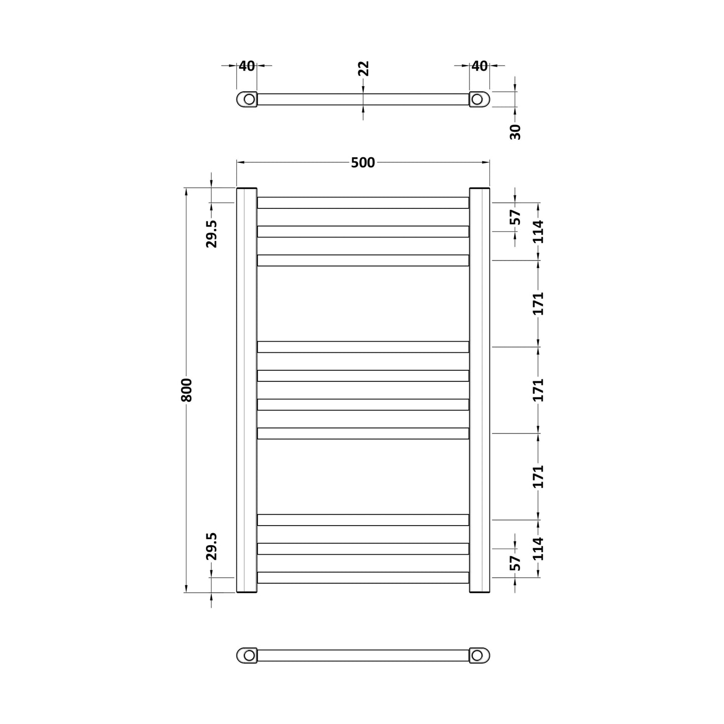 [BHSL803] Straight Towel Radiator with Round Rails 800mm x 500mm, Brushed Brass - Technical Drawing