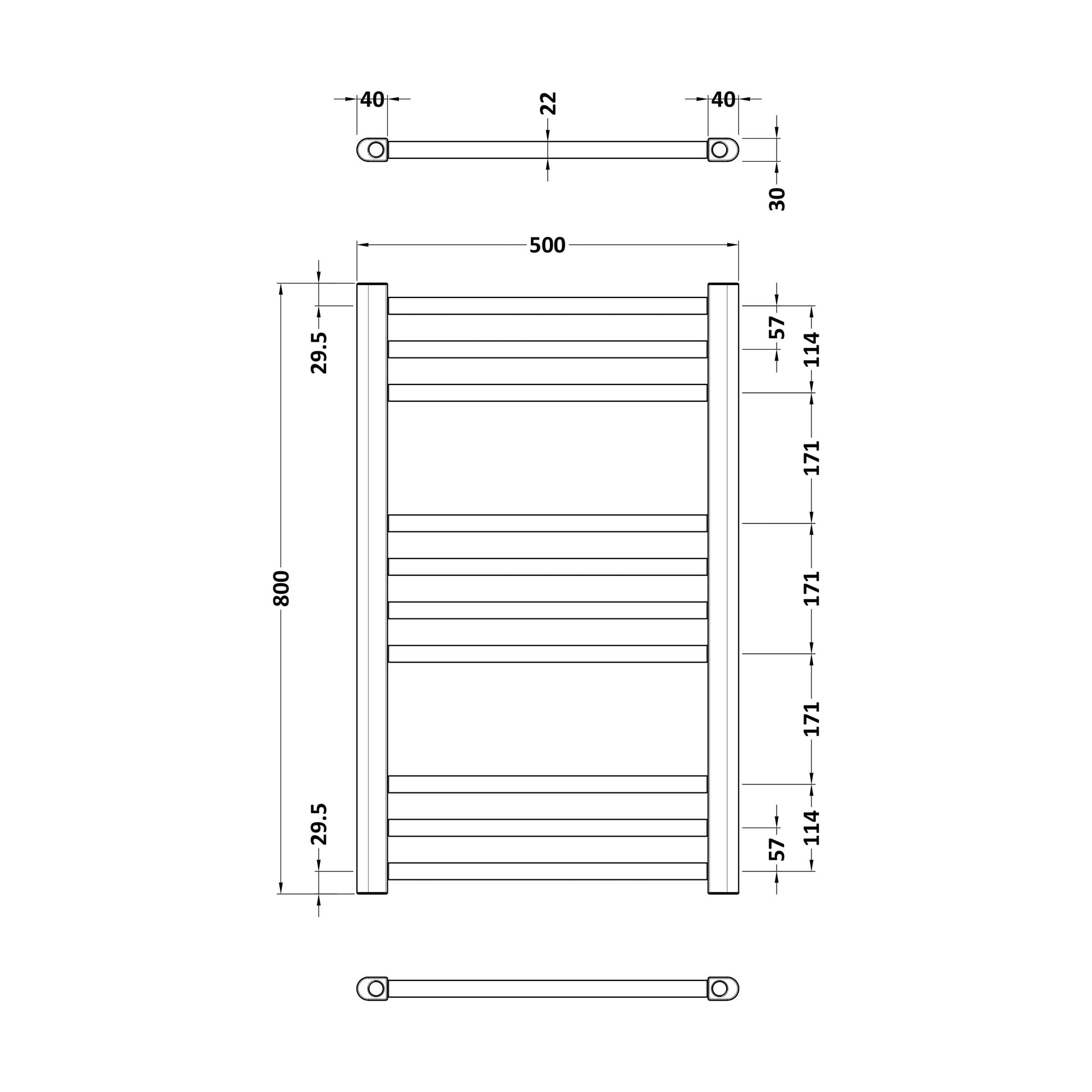 [BHSL803] Straight Towel Radiator with Round Rails 800mm x 500mm, Brushed Brass - Technical Drawing