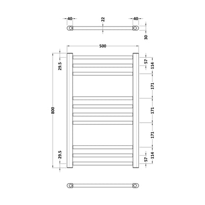 [BHSL803] Straight Towel Radiator with Round Rails 800mm x 500mm, Brushed Brass - Technical Drawing