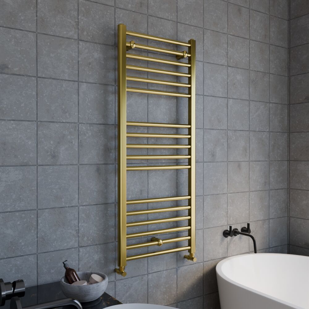 [BHSL803] Straight Towel Radiator with Round Rails 800mm x 500mm, Brushed Brass - Lifestyle 3