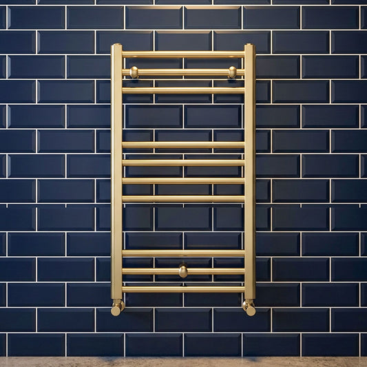 [BHSL803] Straight Towel Radiator with Round Rails 800mm x 500mm, Brushed Brass - Silo
