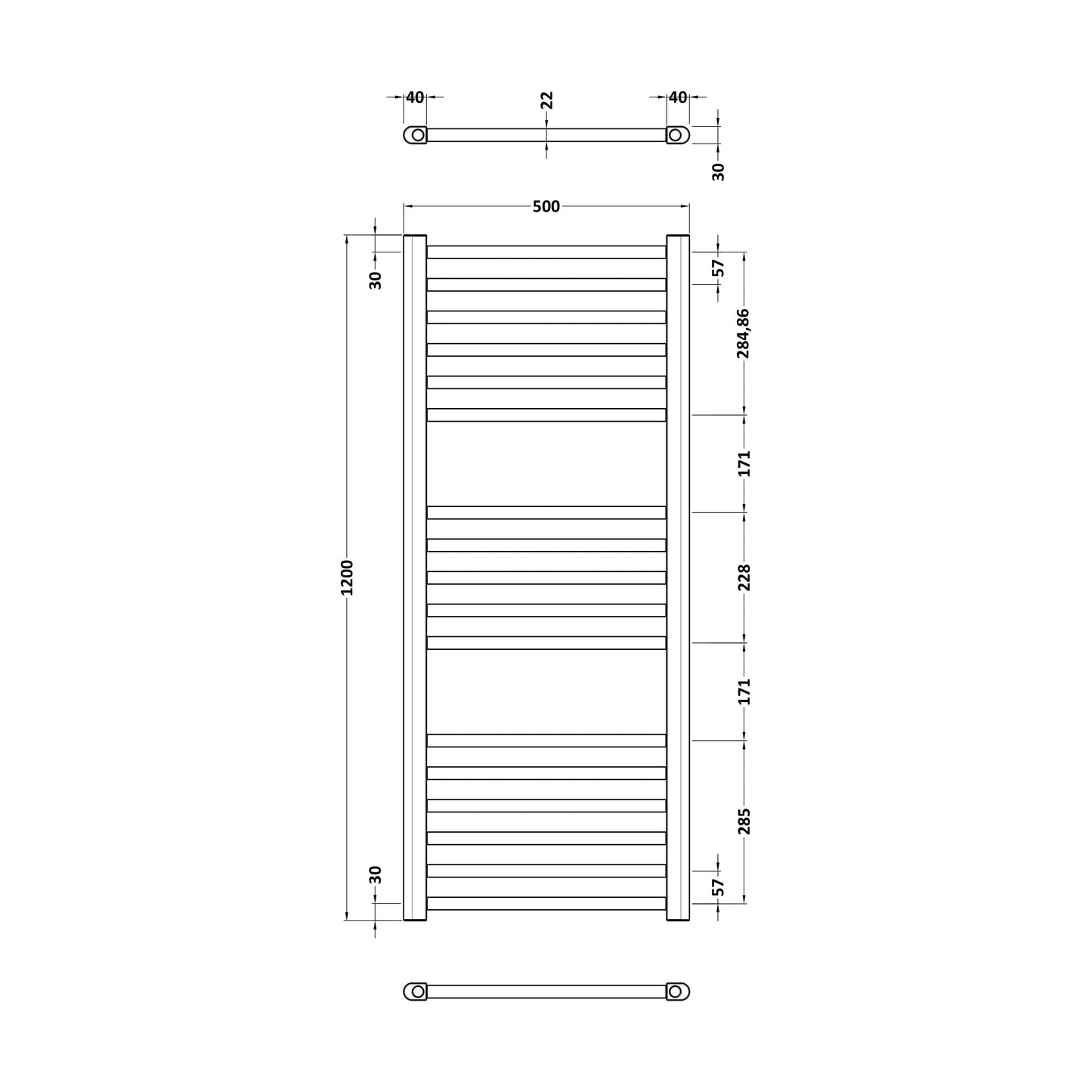 [BHSL805] Straight Towel Radiator with Round Rails 1200mm x 500mm, Brushed Brass - Technical Drawing