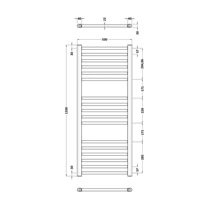 [BHSL805] Straight Towel Radiator with Round Rails 1200mm x 500mm, Brushed Brass - Technical Drawing