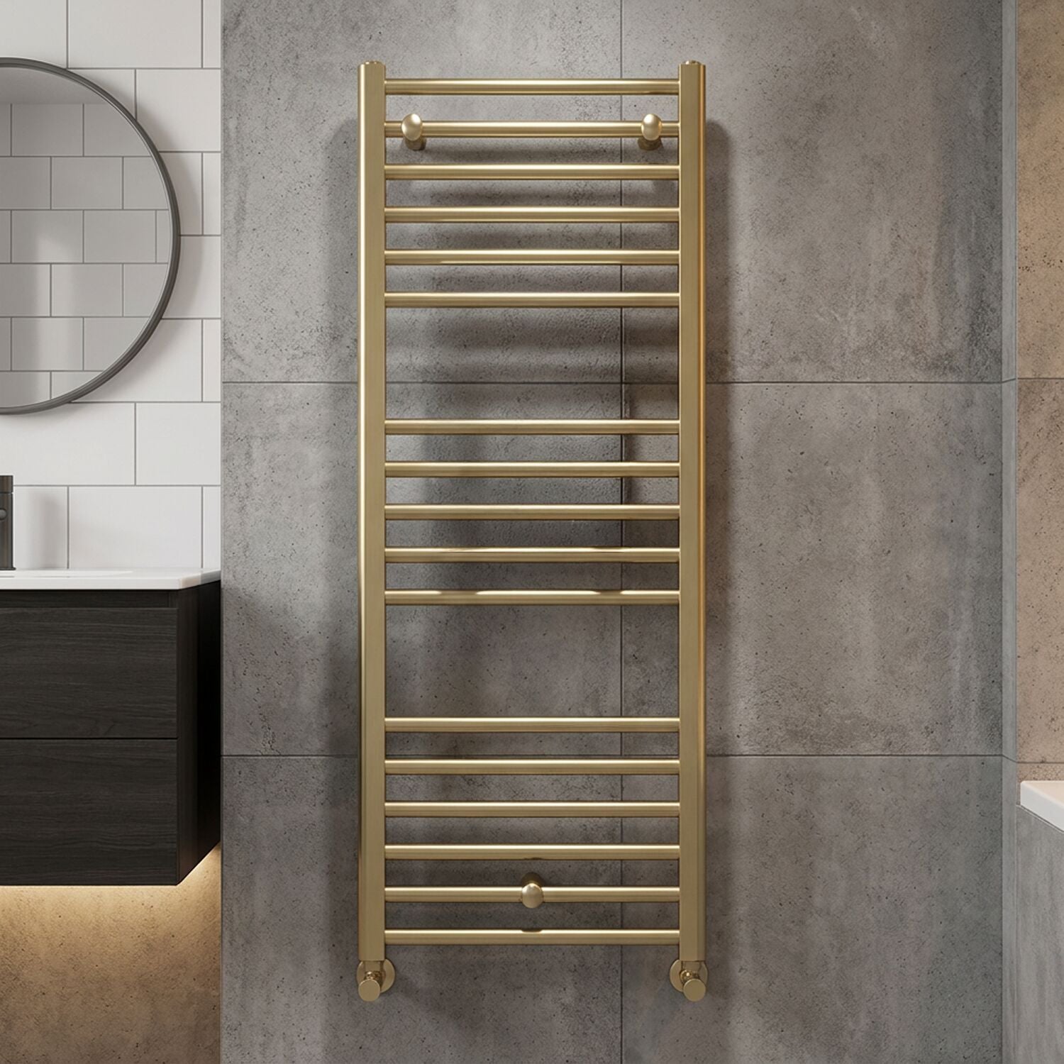 [BHSL805] Straight Towel Radiator with Round Rails 1200mm x 500mm, Brushed Brass - Silo
