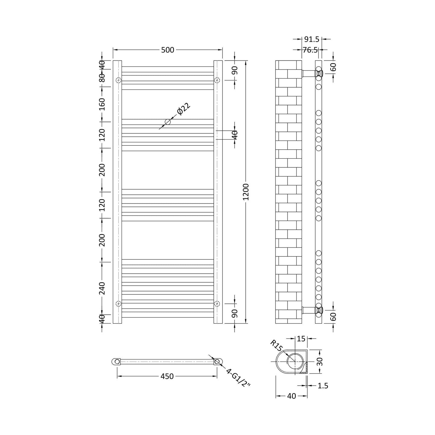 [BHSL85012] Balterley Straight Towel Radiator - 1200 x 500mm - Technical Drawing