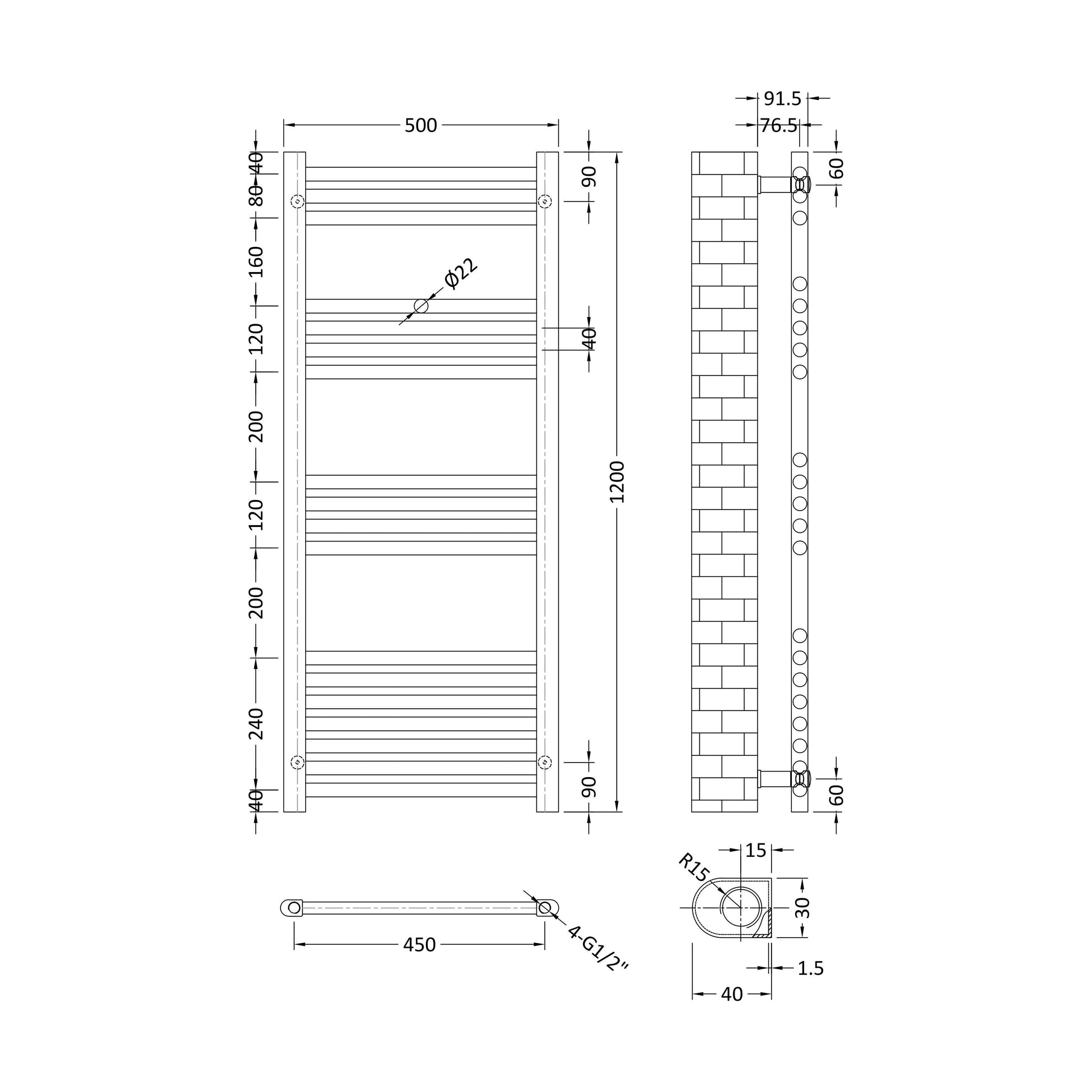 [BHSL85012] Balterley Straight Towel Radiator - 1200 x 500mm - Technical Drawing