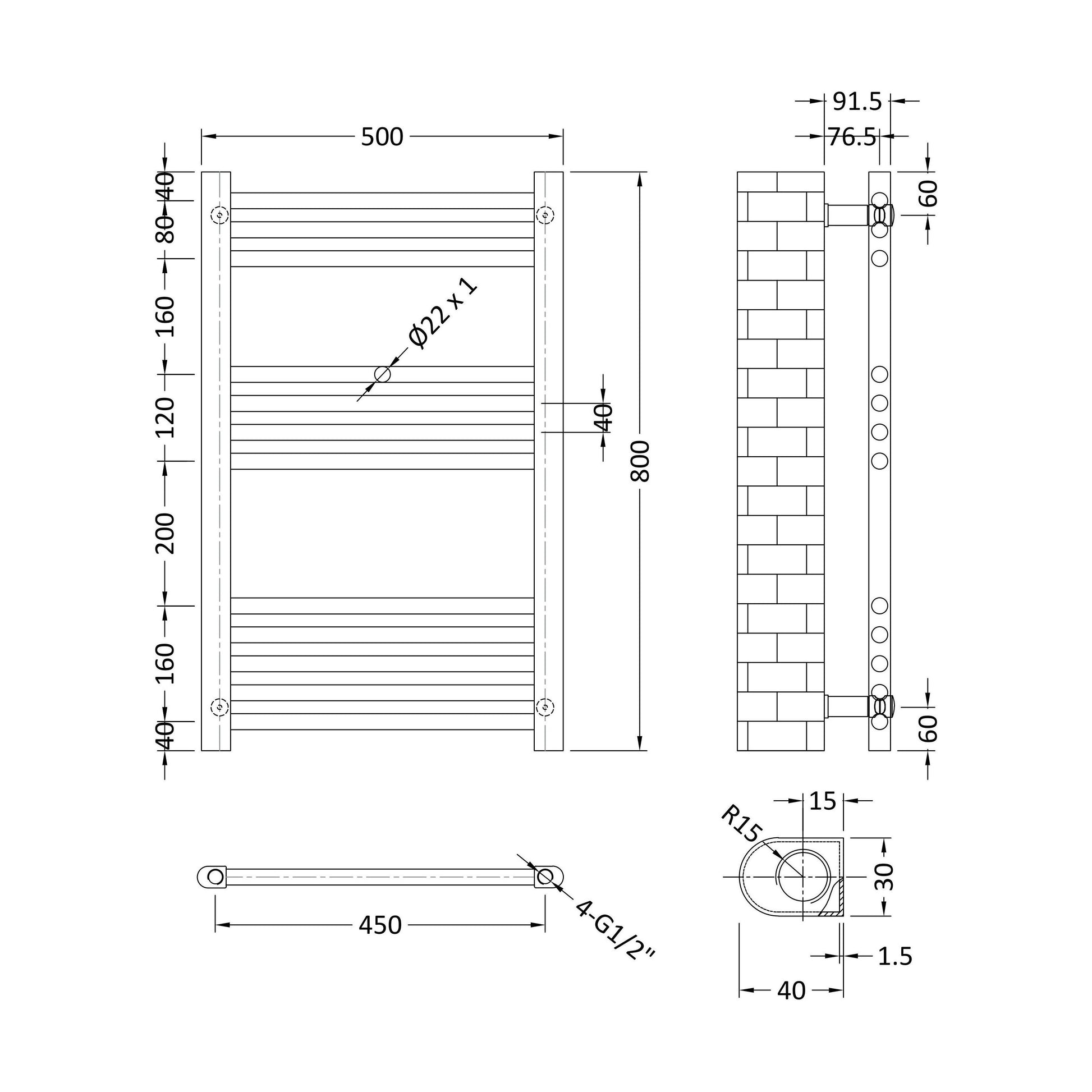 [BHSL85080] Balterley Straight Towel Radiator - 800 x 500mm - Technical Drawing