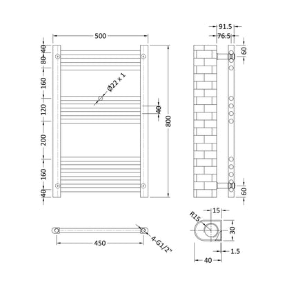 [BHSL85080] Balterley Straight Towel Radiator - 800 x 500mm - Technical Drawing