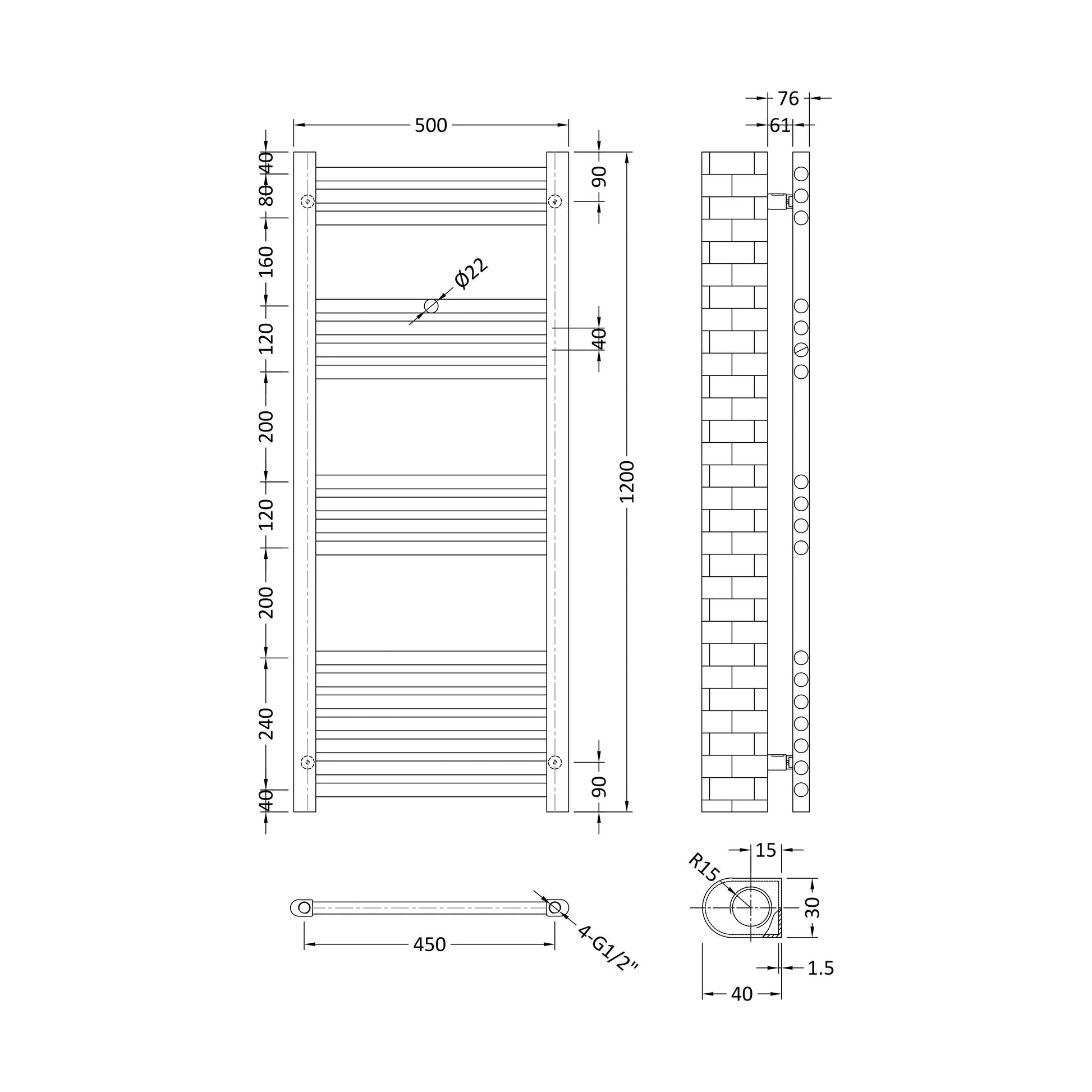 [BHSL95012] Balterley Straight Towel Radiator - 1200 x 500mm - Technical Drawing