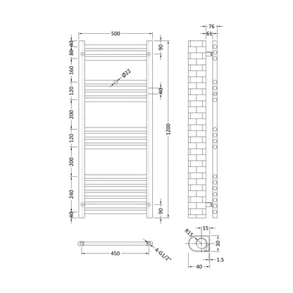 [BHSL95012] Balterley Straight Towel Radiator - 1200 x 500mm - Technical Drawing
