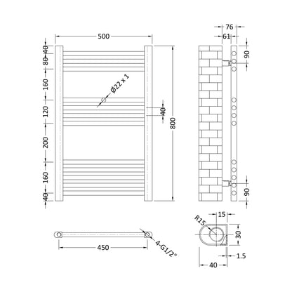 [BHSL95080] Balterley Straight Towel Radiator - 800 x 500mm - Technical Drawing