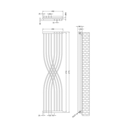 [BHSPA94] Balterley Spirit Curved Designer Radiator, 1775mm x 450mm - Gloss White - Technical Drawing