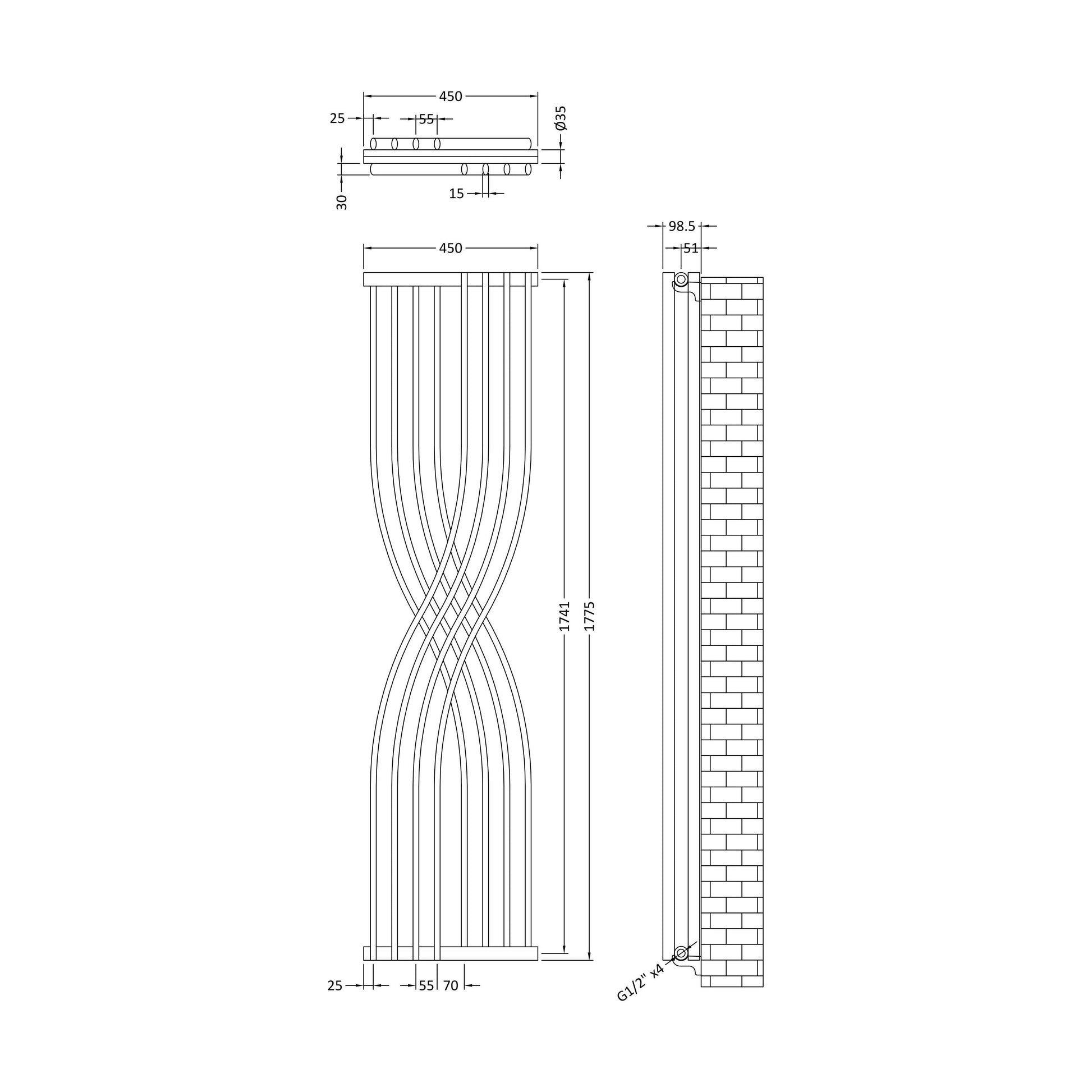 [BHSPW94] Balterley Spirit Curved Designer Radiator, 1775mm x 450mm - Gloss White - Technical Drawing