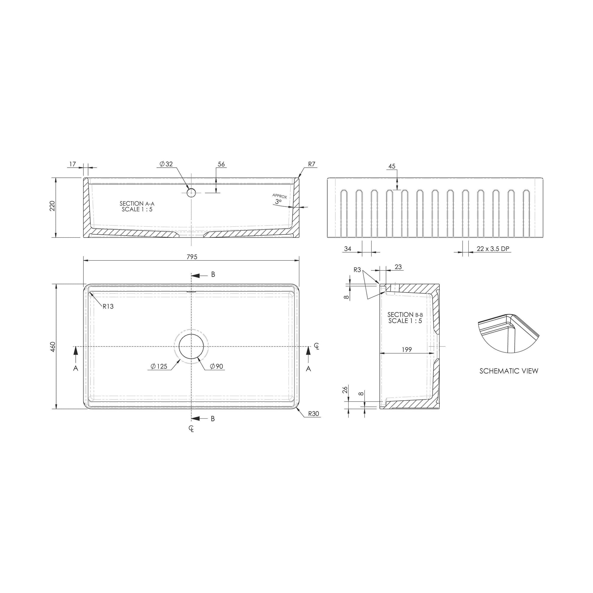 [BKBU18132WBG] Balterley 1 Tap Hole Single Bowl 795 x 460 x 220mm Fireclay White Butler Sink With Ledge, Wire Grid And Chopping Board - Technical Drawing