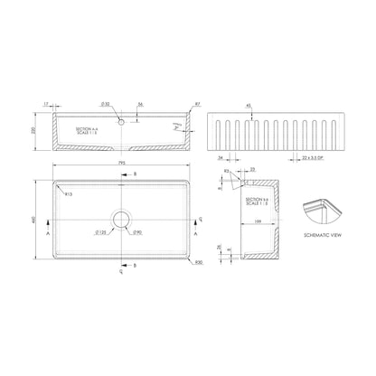 [BKBU18132WBG] Balterley 1 Tap Hole Single Bowl 795 x 460 x 220mm Fireclay White Butler Sink With Ledge, Wire Grid And Chopping Board - Technical Drawing