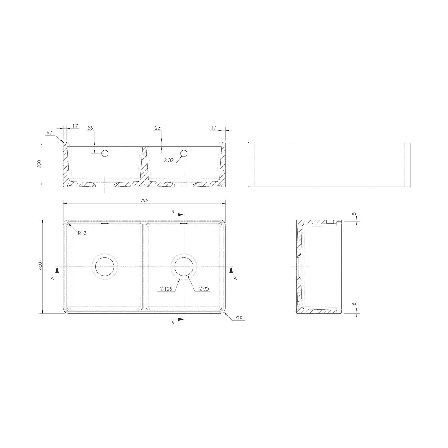 [BKBU181AF32DWBG] Balterley 2 Tap Holes Double Bowl 795 x 460 x 220mm Fireclay White Traditional Butler Sink - Technical Drawing