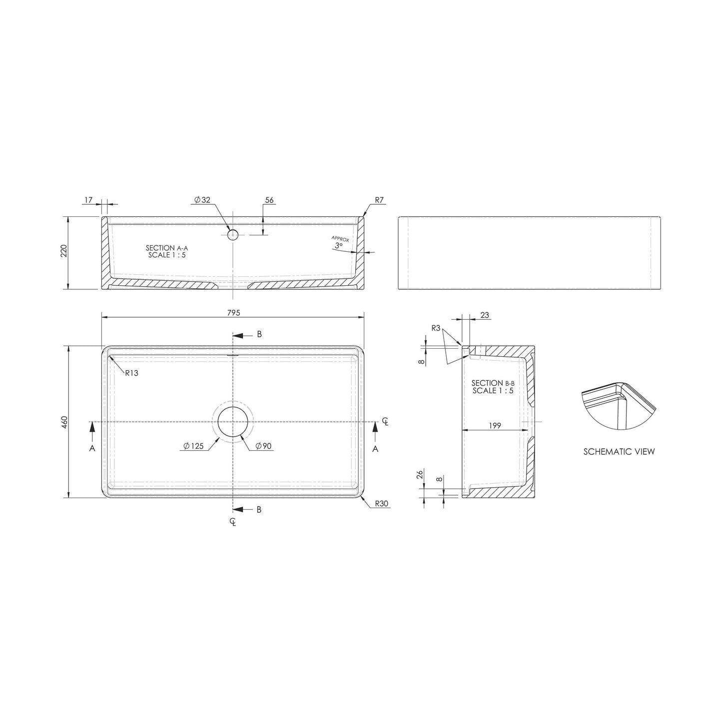 [BKBUF18132WBG] Balterley 1 Tap Hole Single Bowl 795 x 460 x 220mm Fireclay White Fluted Butler Sink With Ledge, Wire Grid And Chopping Board - Technical Drawing
