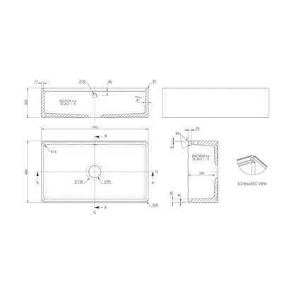 [BKBUF18132WBG] Balterley 1 Tap Hole Single Bowl 795 x 460 x 220mm Fireclay White Fluted Butler Sink With Ledge, Wire Grid And Chopping Board - Technical Drawing