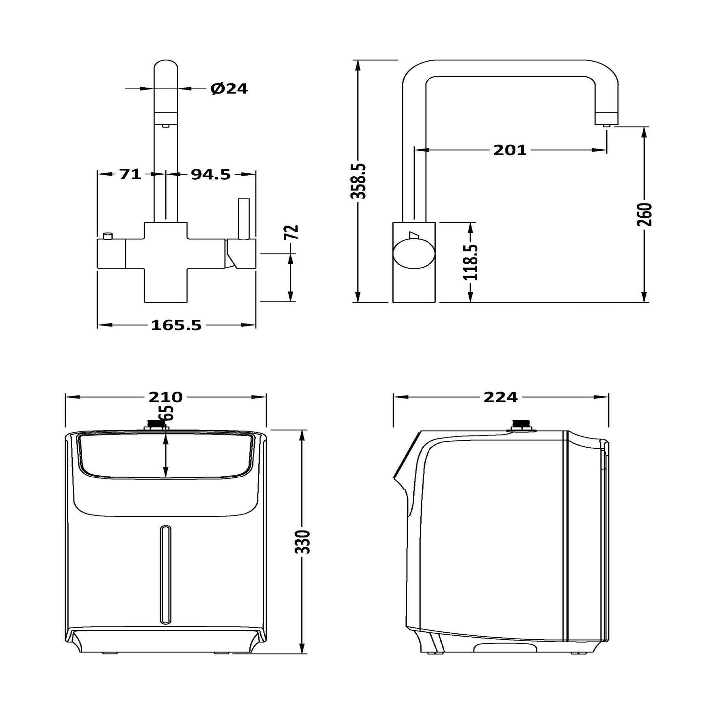 [BKHT305DL] Fulford 3 in 1 Boiling Water Tap Kit, Instant Hot Water Tap with Dual Lever Handles, Tank and Filter - Choice of Colour - Technical Drawing