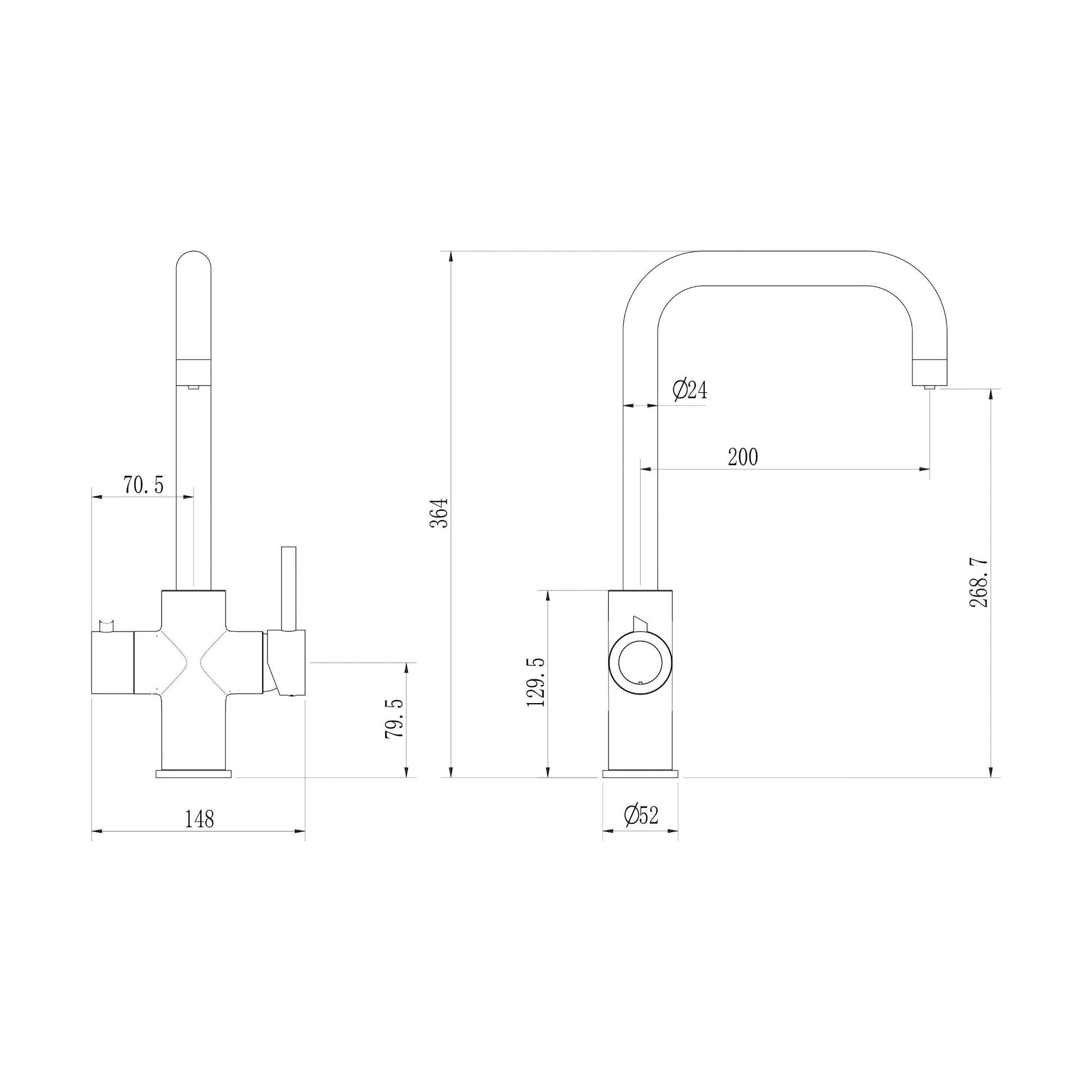 [BKHT705DL] Fulford 3 in 1 Boiling Water Tap Kit, Instant Hot Water Tap with Dual Lever Handles, Tank and Filter - Choice of Colour - Technical Drawing