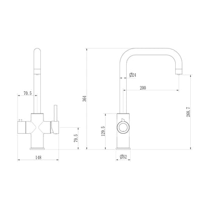 [BKHT705DL] Fulford 3 in 1 Boiling Water Tap Kit, Instant Hot Water Tap with Dual Lever Handles, Tank and Filter - Choice of Colour - Technical Drawing