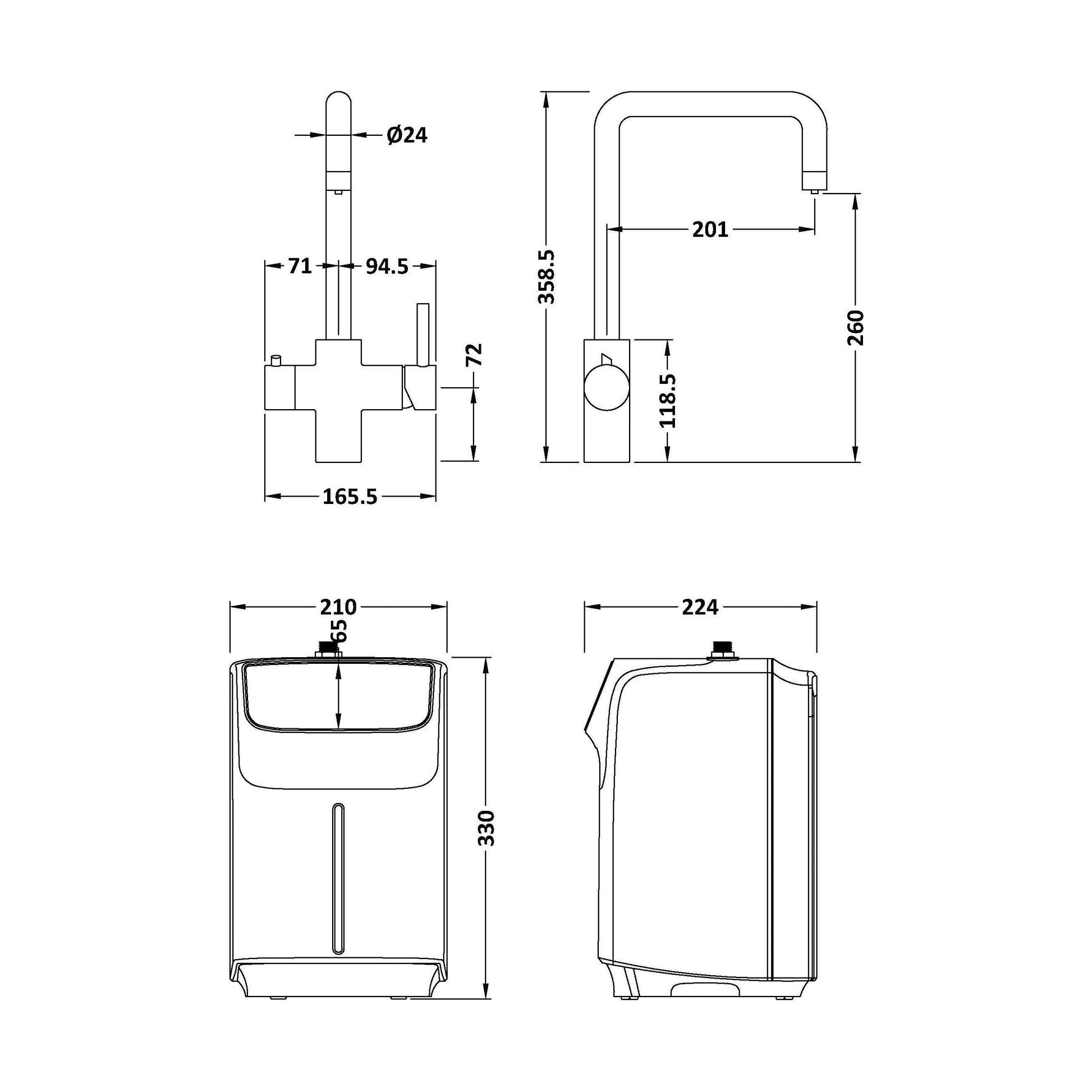 [BKHT805DL] Fulford 3 in 1 Boiling Water Tap Kit, Instant Hot Water Tap with Dual Lever Handles, Tank and Filter - Choice of Colour - Technical Drawing