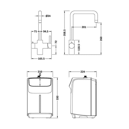 [BKHT805DL] Fulford 3 in 1 Boiling Water Tap Kit, Instant Hot Water Tap with Dual Lever Handles, Tank and Filter - Choice of Colour - Technical Drawing