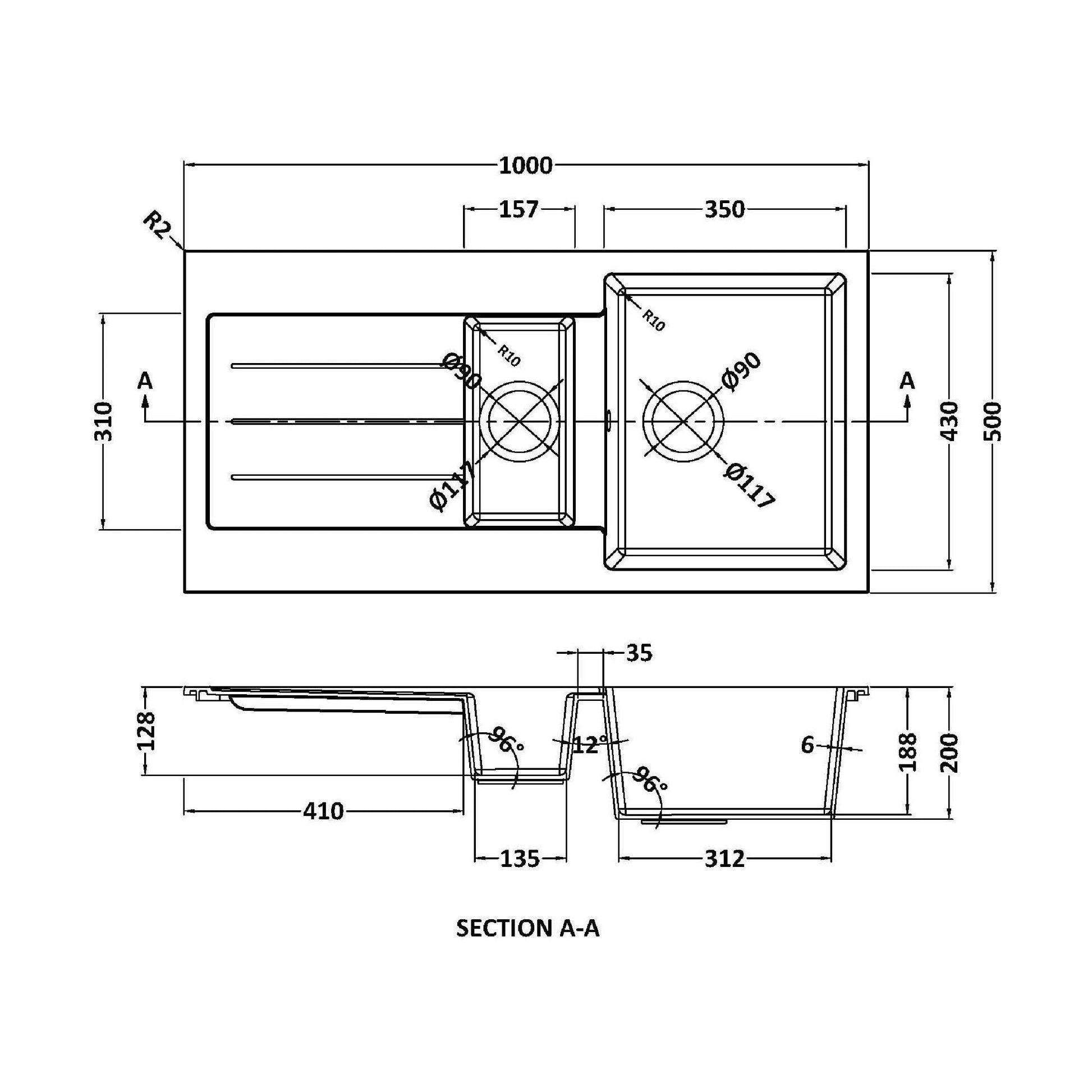 [BKS11050SH] 100cm Composite Inset Kitchen Sink with Overflow & Drainer - Available in Multiple Colours - Technical Drawing