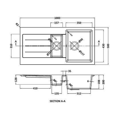 [BKS11050SH] 100cm Composite Inset Kitchen Sink with Overflow & Drainer - Available in Multiple Colours - Technical Drawing